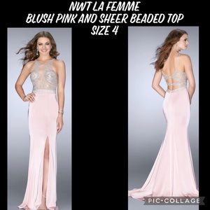 NWT La Femme blush pink with sheer silver beaded top size 4